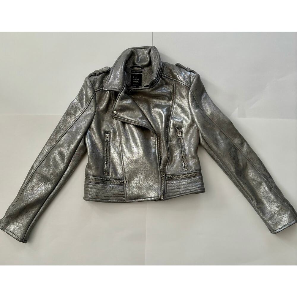Zara TrF Outwear Silver Metallic Women's Moto Jacket Size Small